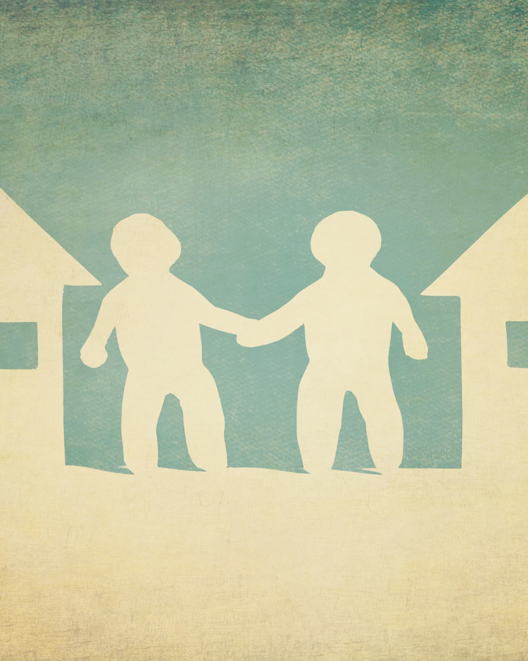 Two ivory humanoid figures hold hands between adjacent houses, against a greenish sky.