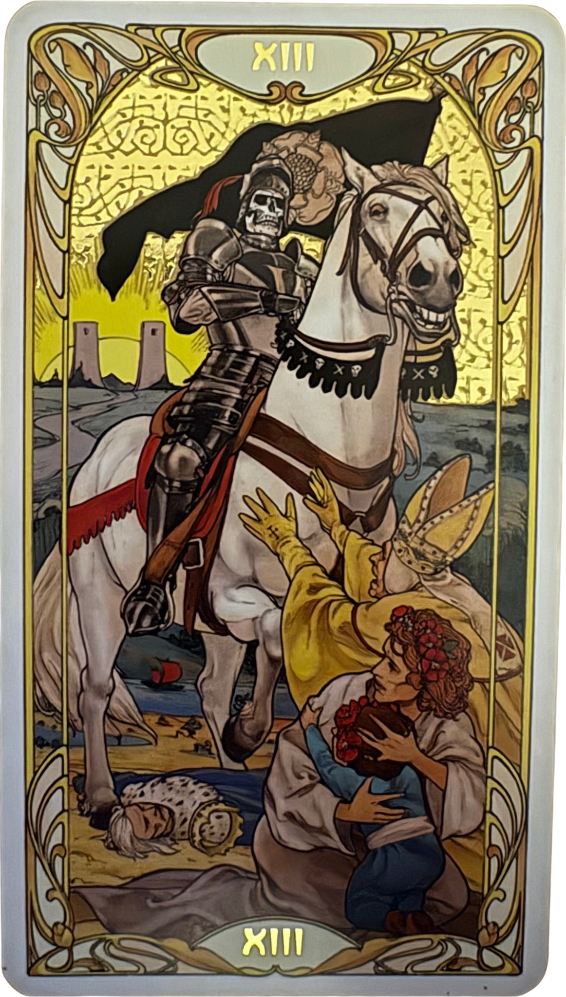 Death, Major Arcana XIII. A skeletal rider in a black cloak rides a white horse, looming over a dead king, a begging priest, a woman and her child.