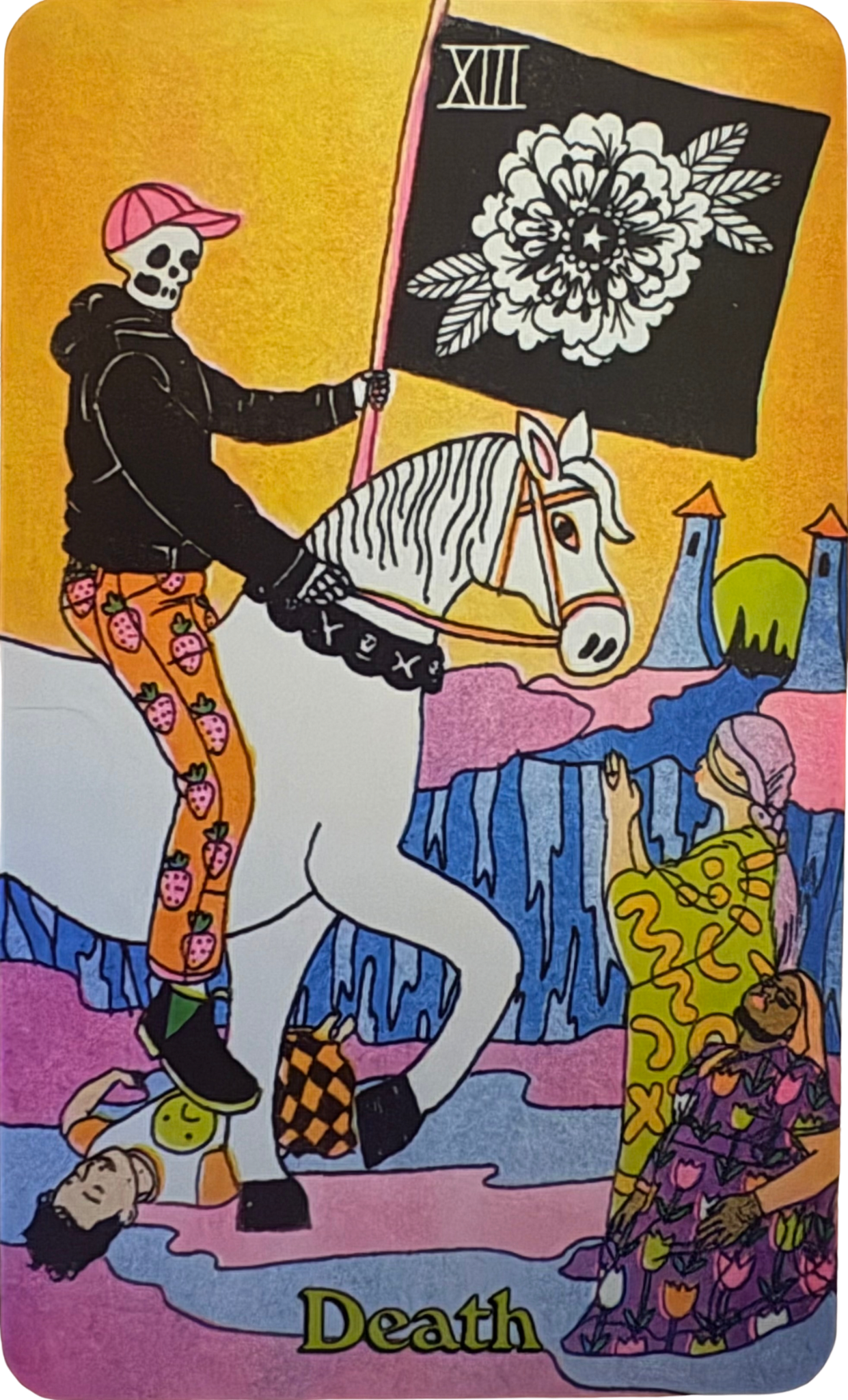 Death, Major Arcana XIII. In bright neon colors, a skeletal figure ina. black hoodie and strawberry pants rides a white horse, looming over a dead figure, a pleading priest, and a nonbinary person kneeling in anguish.