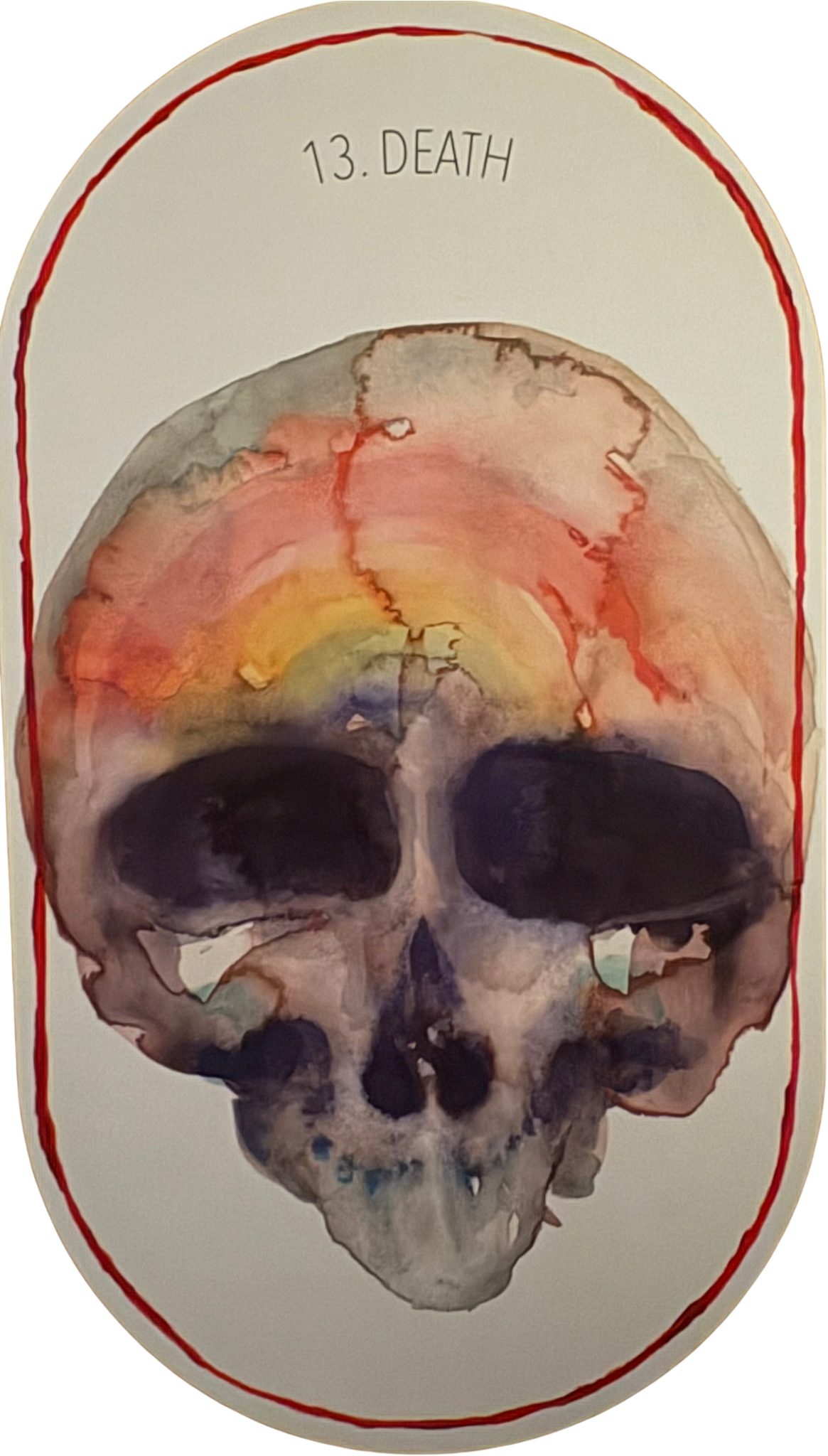Death, Major Arcana XIII. The card depicts a human skull in dark watercolors.